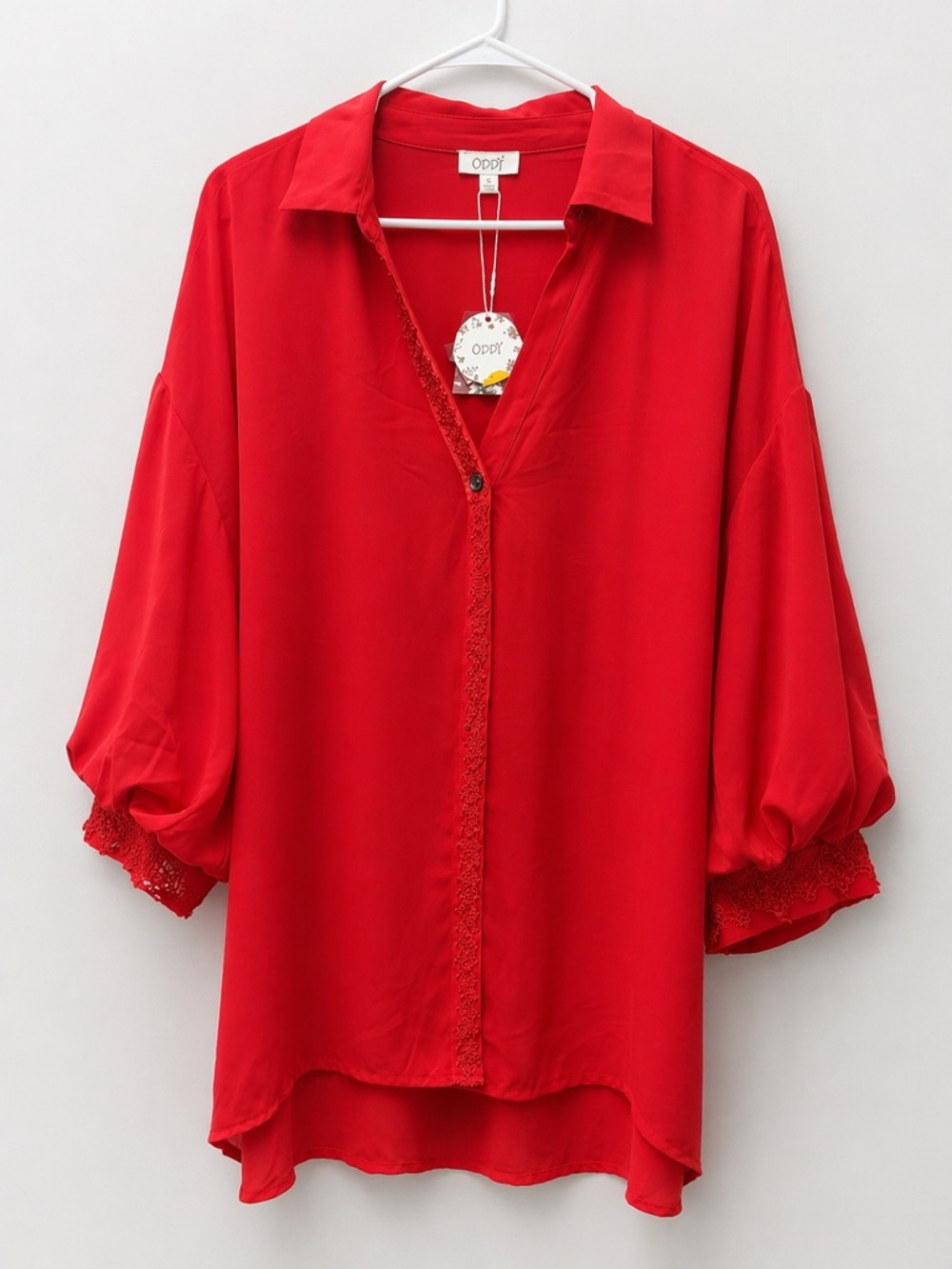 ODDY Red V-Neck Lace-Trim Balloon Sleeve Blouse
